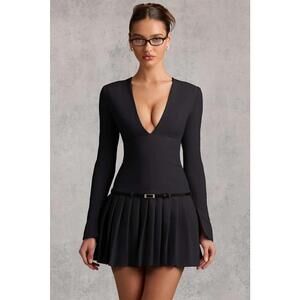 Oh Polly Fiorella Long-Sleeve Pleated Mini Dress in Black